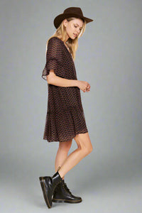 Floral Print V-Neck Mini Dress - Black