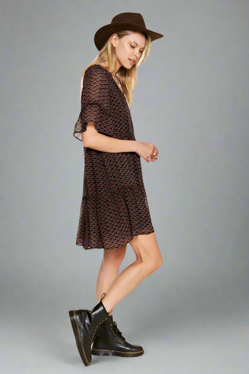 Floral Print V-Neck Mini Dress - Black