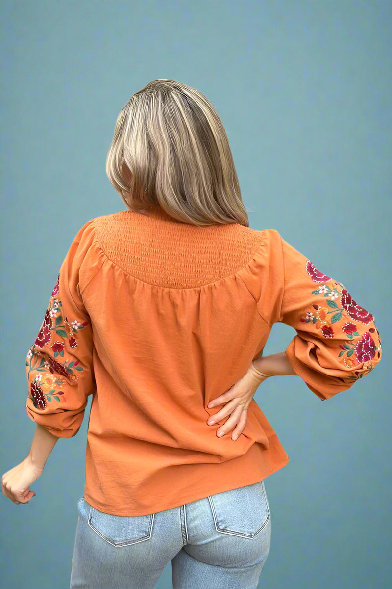 Smocked Yoke Embroidered Top Marigold