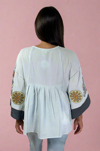 Embroidered Gauzy Top - Dusty Blue