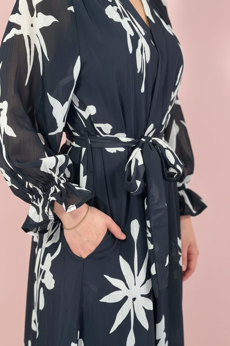 Black Floral Bubble Sleeve Maxi Dress