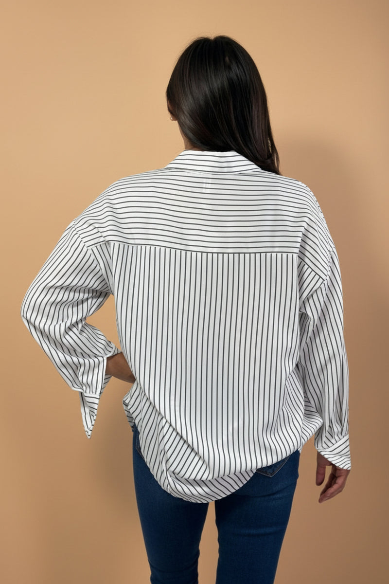 Oversized Striped Long Sleeve Shirt - White