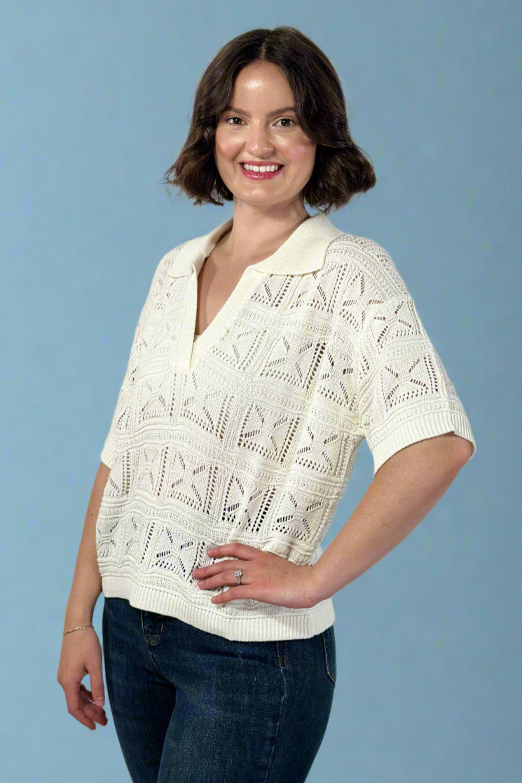 Open Knit Collared Top White