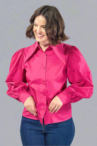 Puff Sleeve Button Down Blouse - Berry
