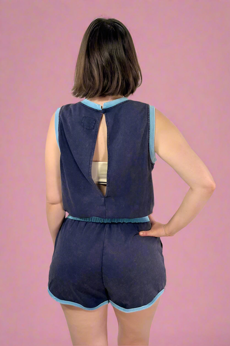 French Terry Sleeveless Romper - Navy