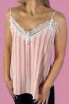 Stripe and Lace Cami Top - Light Pink