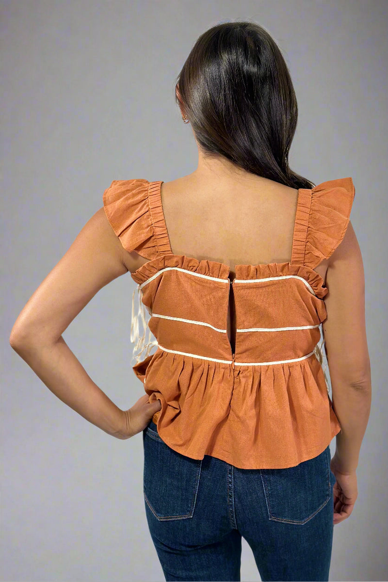 Ruched Detail Ruffled Straps - Burnt Orange