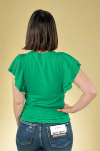Ribbed Flounce Sleeve Blouse Green