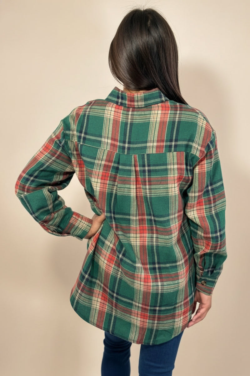 Plaid Button Up Flannel Shirt - Dark Green