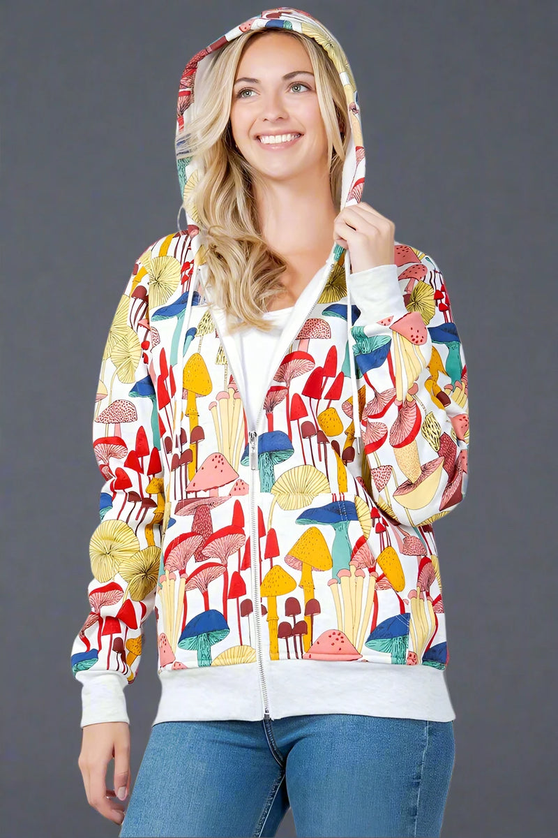 Whimsical Mushroom Zipper Hoodie - Grey