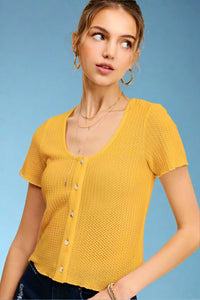 Brushed Waffle Button Front Top - Marigold