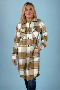 Tan, Cream & Grey Plaid Long Flannel
