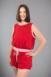 French Terry Sleeveless Romper - Red