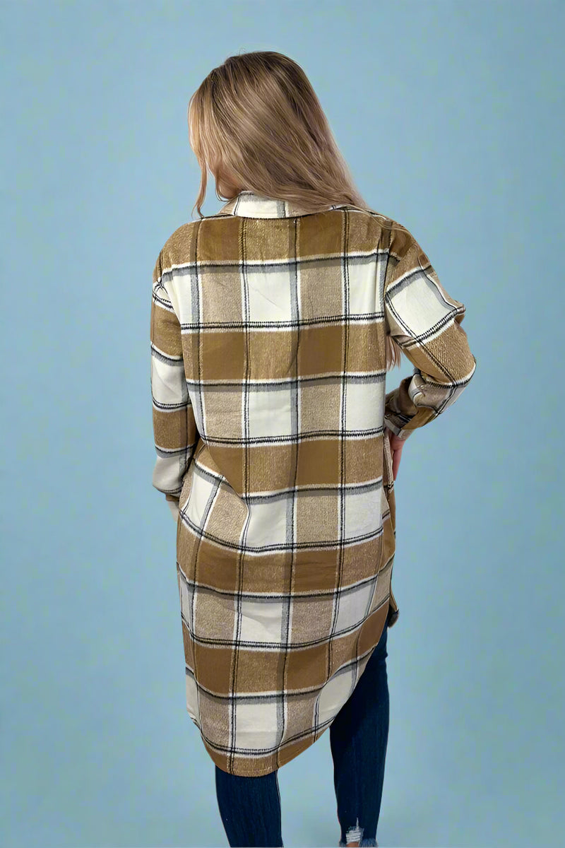 Tan, Cream & Grey Plaid Long Flannel
