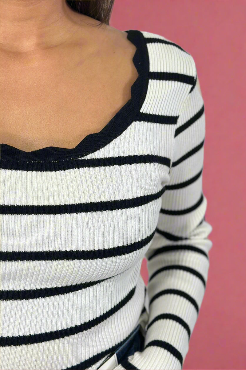 Scalloped Edge Striped Ribbed Sweater - Black
