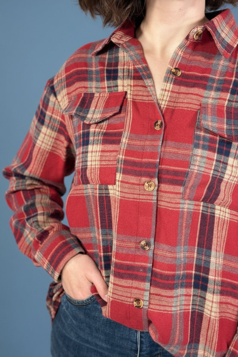 Plaid Button Up Flannel Shirt - Khaki