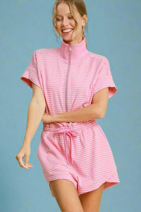 Striped Half Zip Romper - Pink