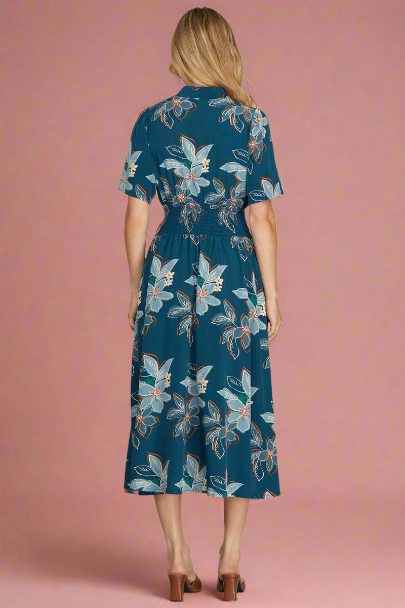 Floral Zip Front Midi Dress - Blue