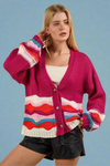 Button Down Wave Knit Sweater - Magenta