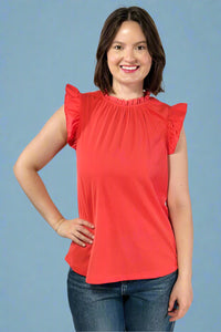 Ribbed Ruffle Sleeve Top - Tomato