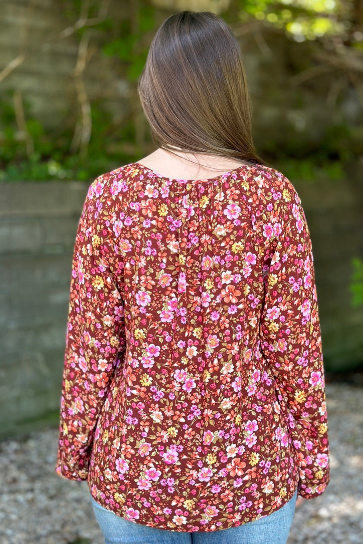 V-Neck Floral Top Brick