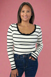 Scalloped Edge Striped Ribbed Sweater - Black