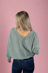 Loose Fit V-Neck Waffle Top - Sage