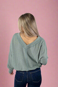 Loose Fit V-Neck Waffle Top - Sage