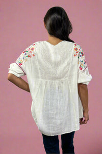 Linen Embroidered Boxy Top - Off White