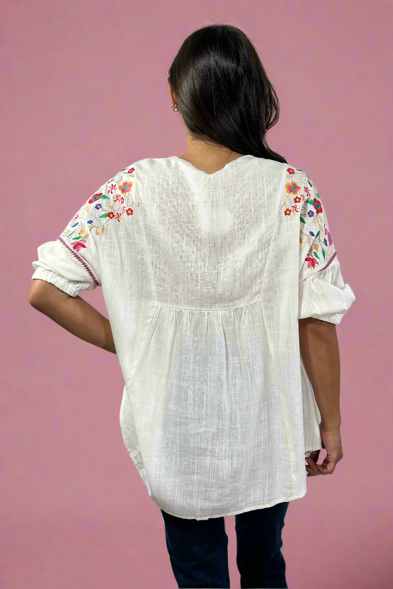 Linen Embroidered Boxy Top - Off White