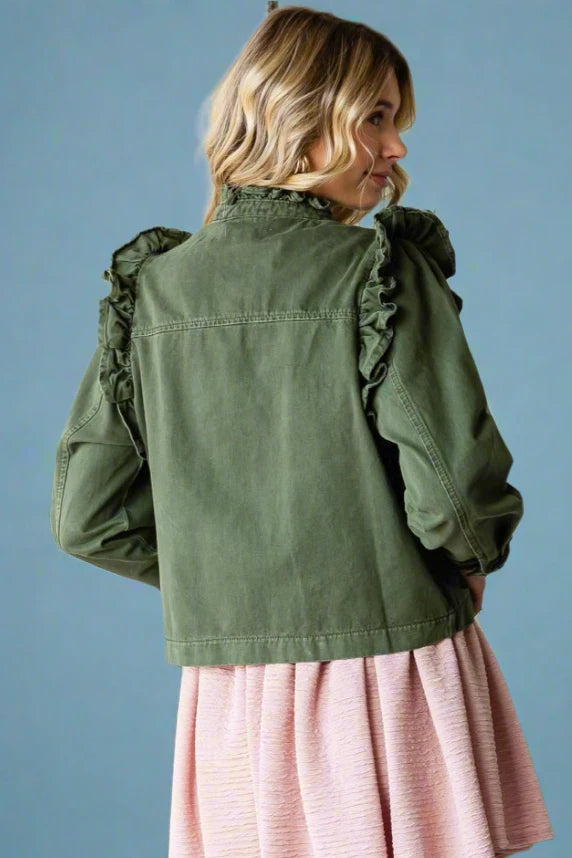 Ruffle Detail Jacket - Olive