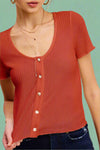 Brushed Waffle Button Front Top - Rusty Rose