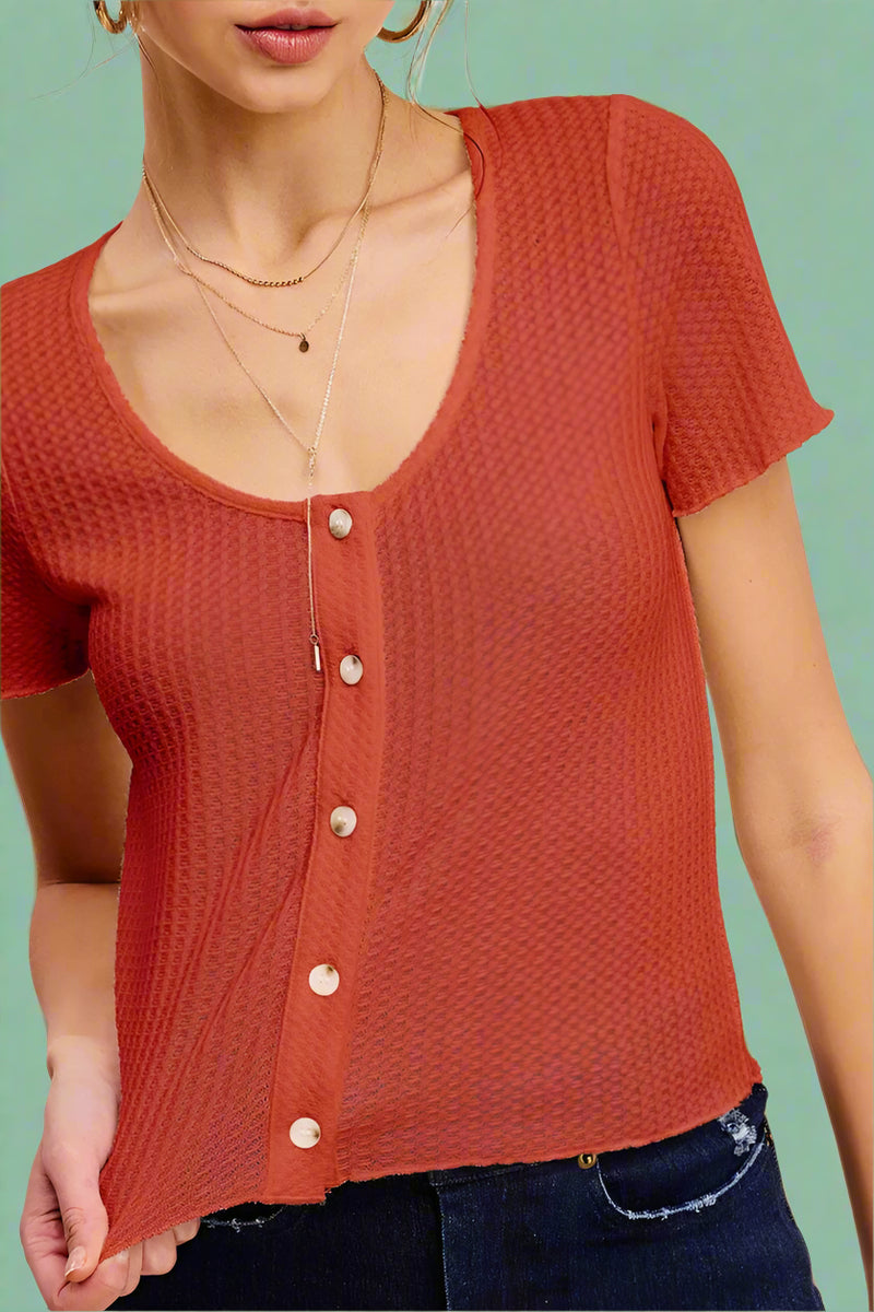 Brushed Waffle Button Front Top - Rusty Rose