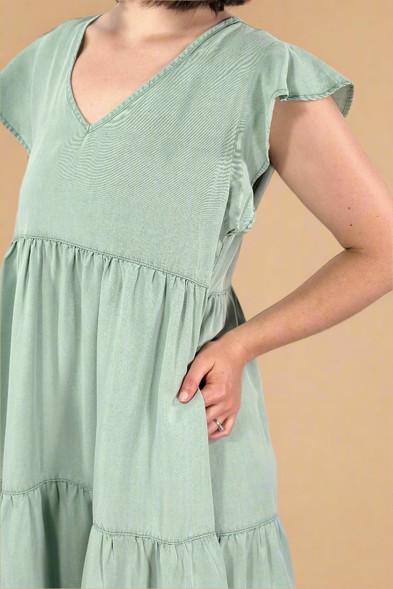 Flutter Sleeve Tencel Dress Sage