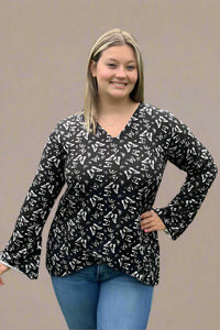 Top Butterfly Print Crossover Hem - Black