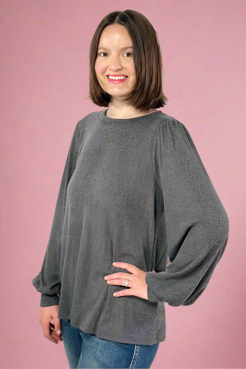 Bella Puff Sleeve Rib Top - Charcoal