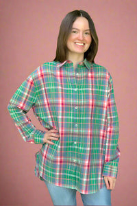Loose Fit Button Down Plaid Shirt Green