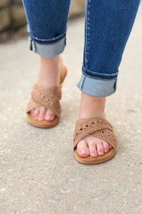 Crochet Knitted Cross Strap Sandals - Tan