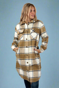 Tan, Cream & Grey Plaid Long Flannel