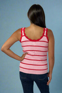 Scalloped Edge Knit Striped Tank Top - Rose