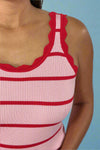 Scalloped Edge Knit Striped Tank Top - Rose