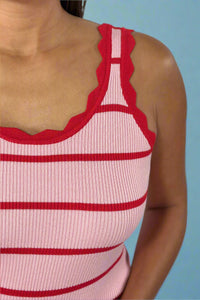 Scalloped Edge Knit Striped Tank Top - Rose
