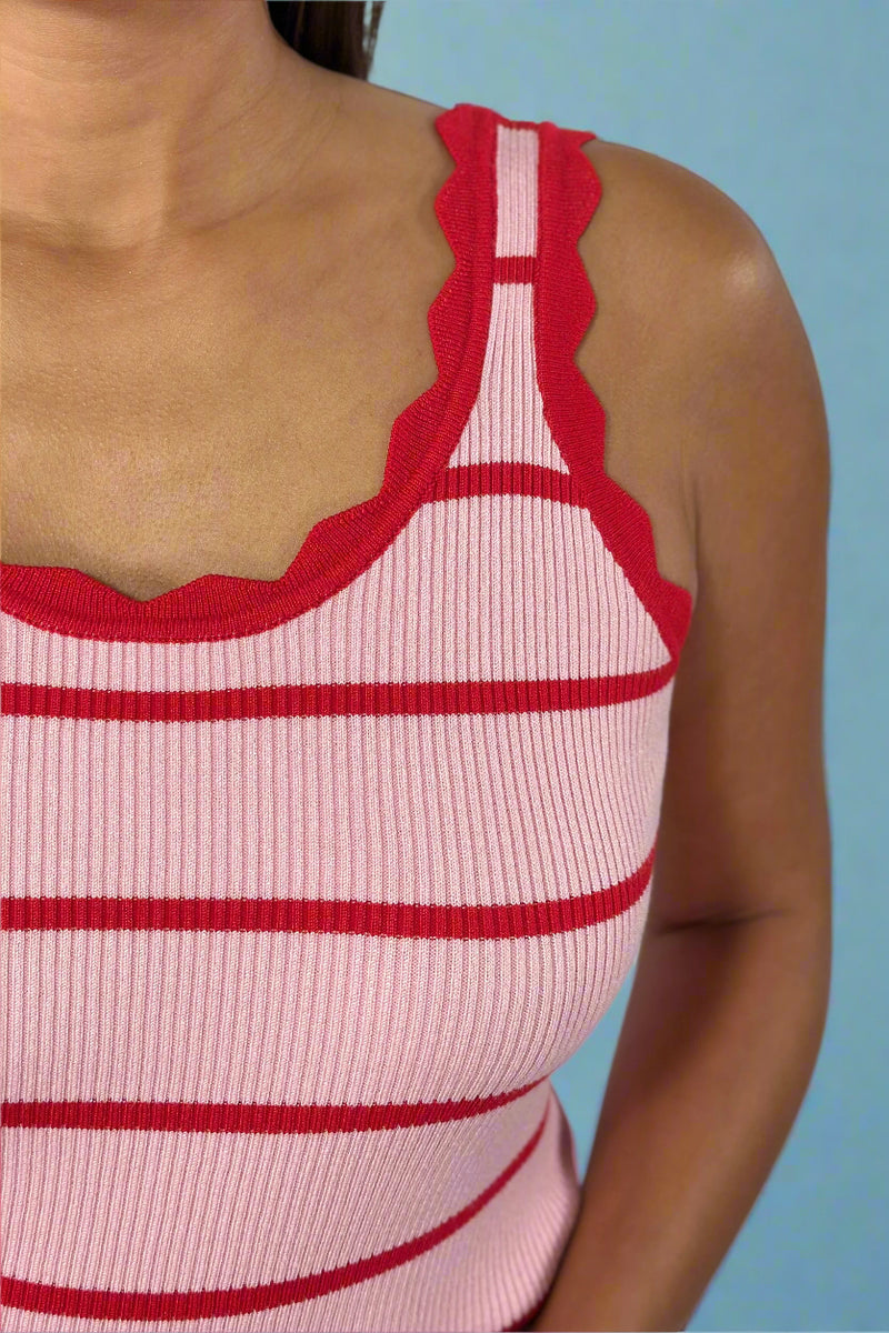 Scalloped Edge Knit Striped Tank Top - Rose