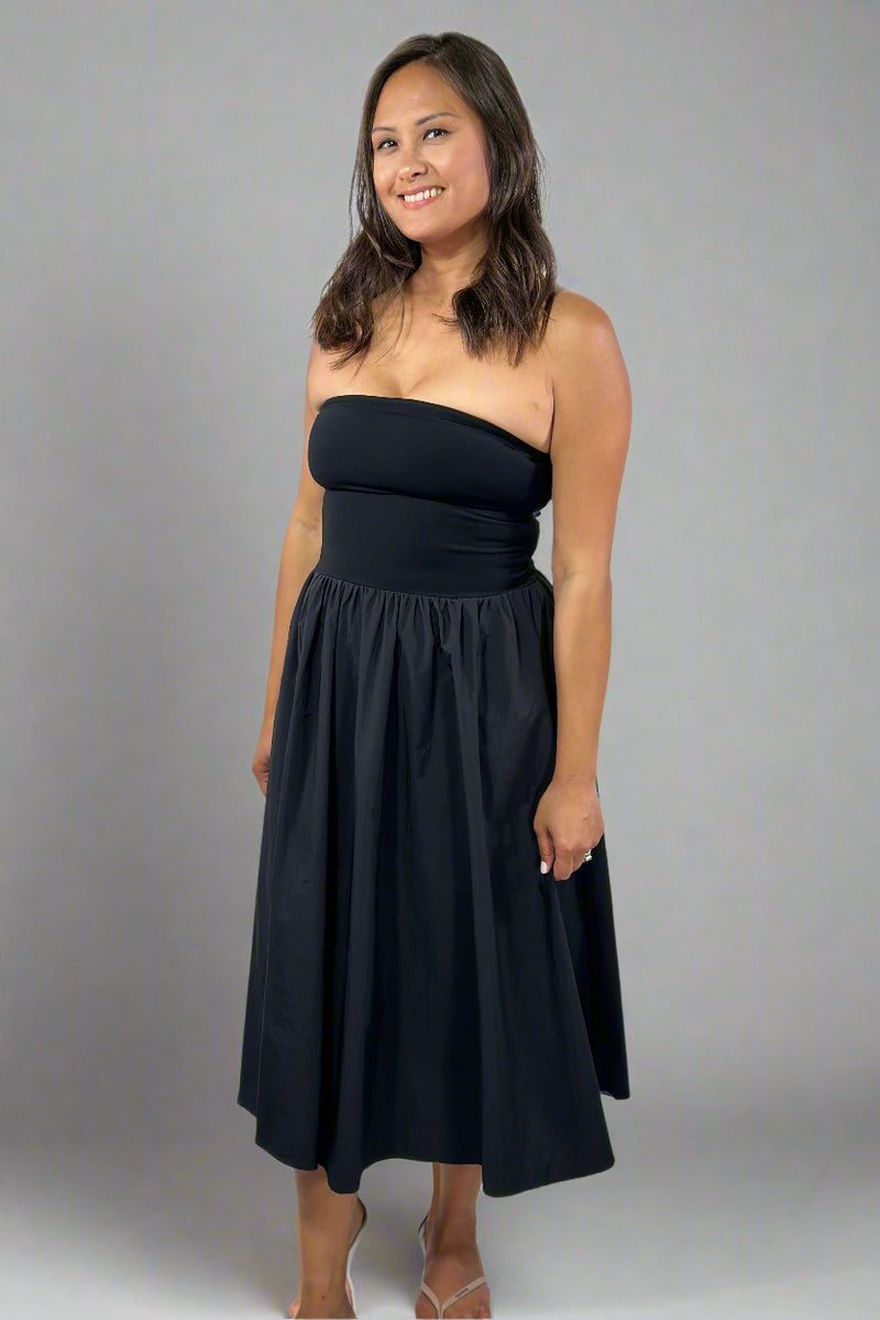 Strapless Flared Midi Dress - Black
