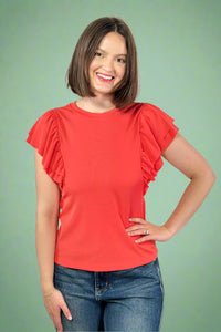 Ribbed Flounce Sleeve Blouse Red