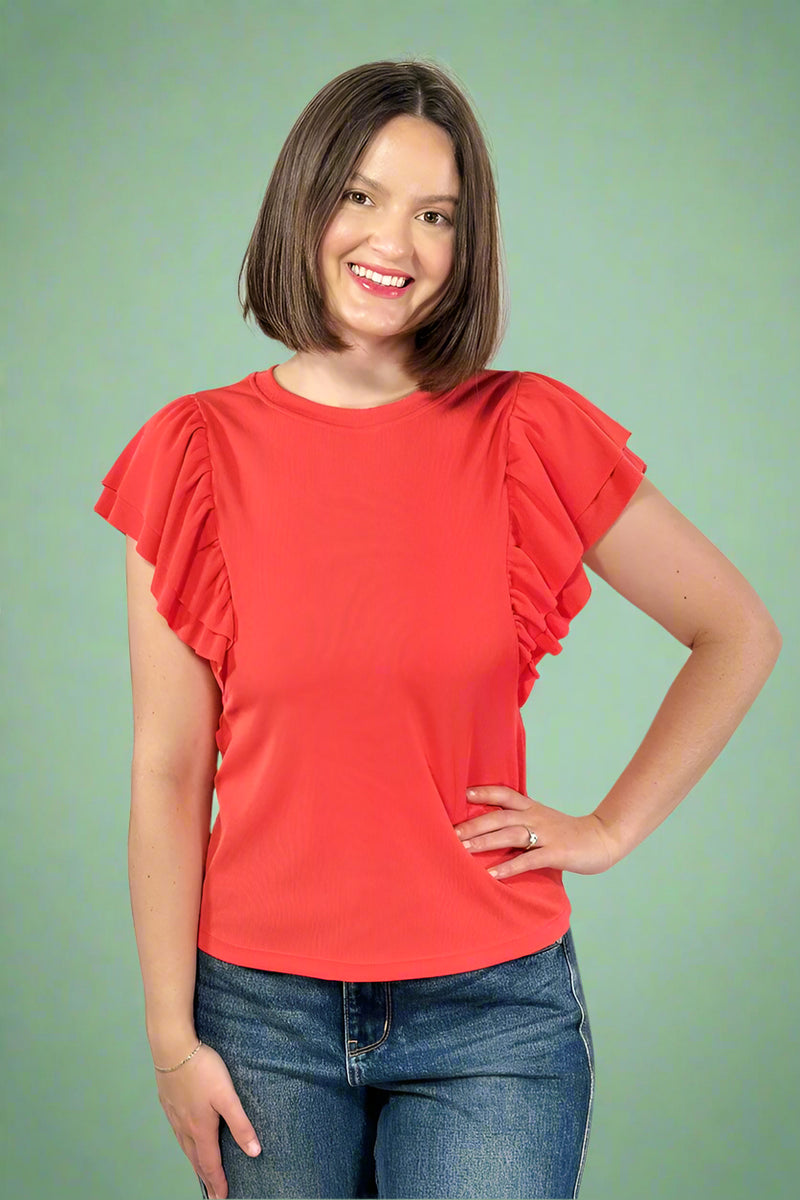 Ribbed Flounce Sleeve Blouse Red