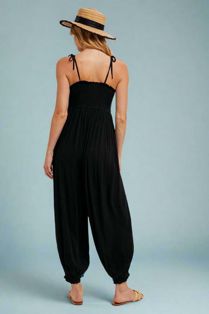 Smocked Button Front Jumpsuit - Black