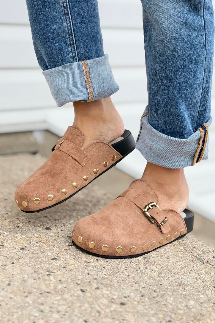Toni - Latte Studded Buckle Clog