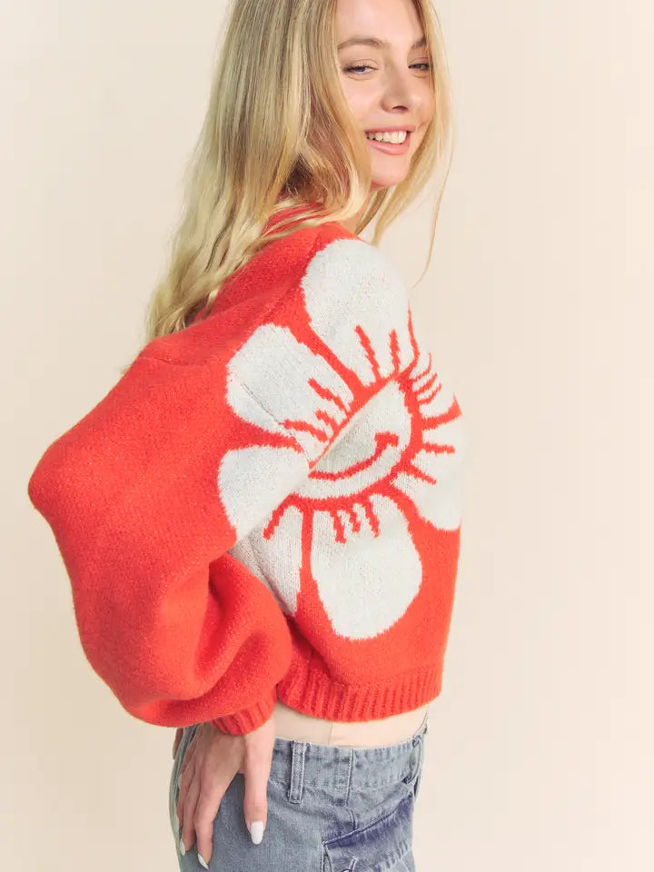 Smile Daisy Print Cropped Cardigan