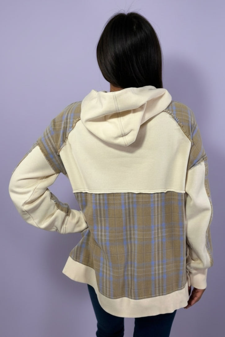 Plaid Mix Terry Pullover Hoodie - Ecru